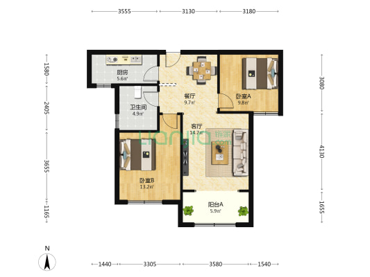 珑湾翡翠城 2室2厅1卫 87平方