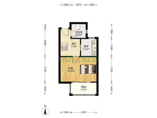 花港幸福城海棠园 1室1厅1卫 47平方