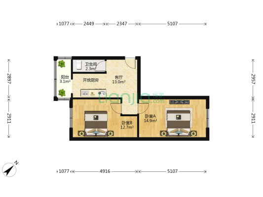 大直沽六号路 2室1厅1卫 64平方