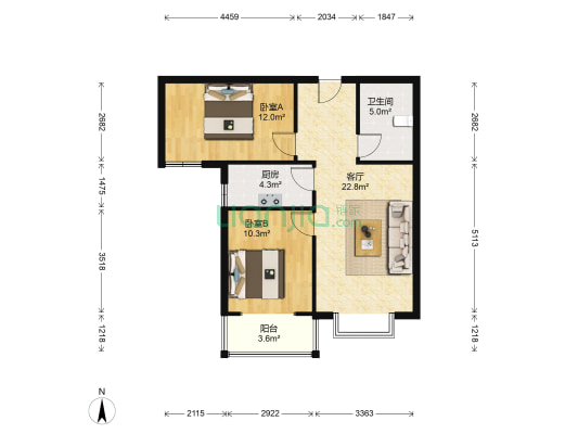 名流美域 朝南两居两居室 采光好 持续强-户型图
