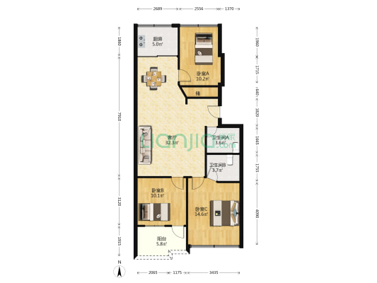 马鞍山变电所宿舍 3室1厅2卫 87平方
