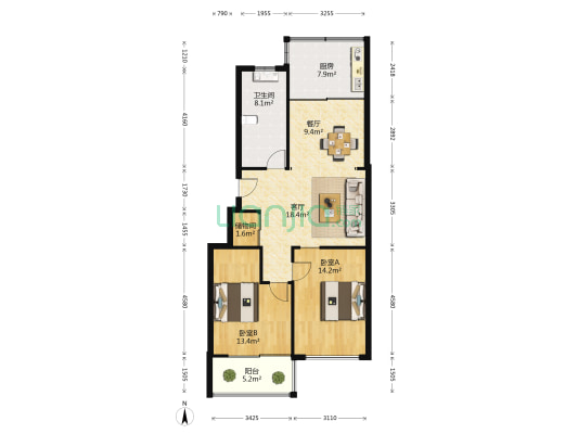 星海花园 2室2厅1卫 94平方