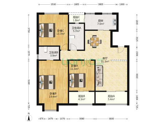 华鼎公馆 3室1厅2卫 133平方