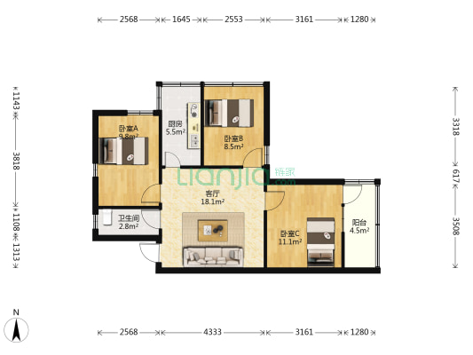 鴻喜花园 3室1厅1卫 71平方