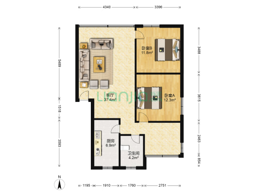 东方新苑 2室1厅1卫 85平方