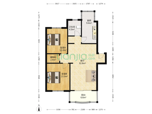 太宁花园紫薇苑 2室1厅1卫 95平方