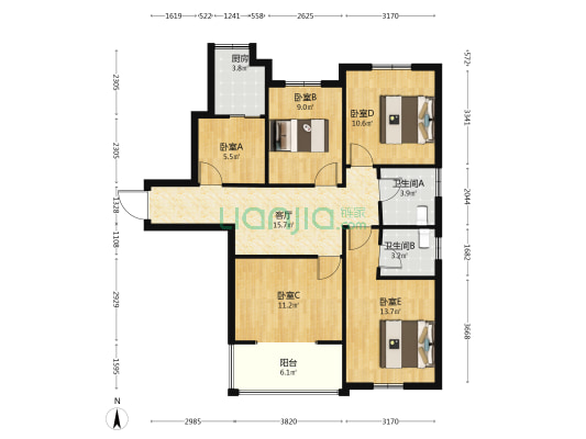 阳光新卓广场 5室1厅2卫 120平方