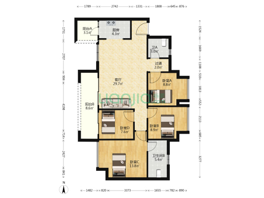 樾易府北区 4室1厅2卫 118平方