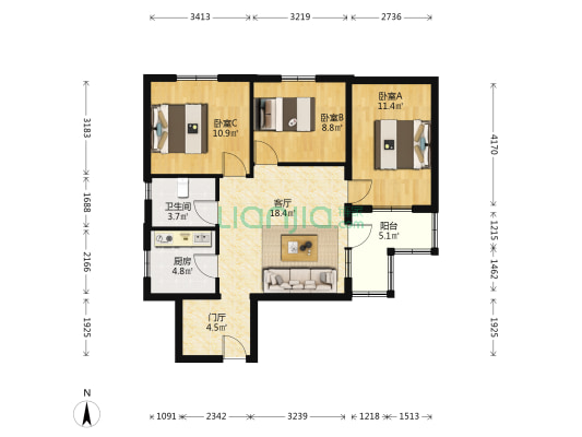 花园路8号院 3室1厅1卫 88平方
