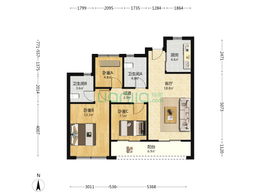 古墩彩虹轩 3室1厅2卫 89平方