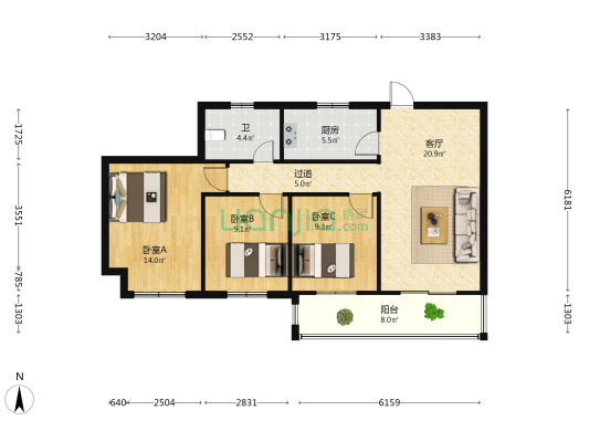 中梁西都府南院 3室1厅1卫 105平方