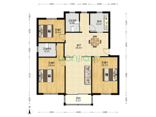 渭中三村 3室1厅2卫 120平方