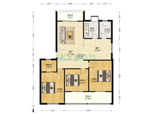 滨江苑小区 3室2厅1卫 134平方