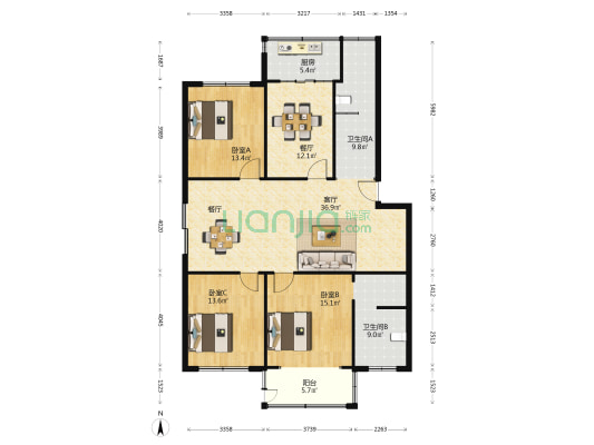 二环道27号 3室2厅2卫 145平方