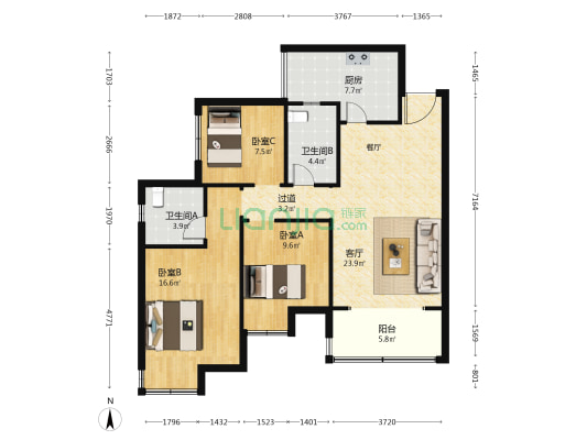 圣桦城 3室1厅2卫 92平方
