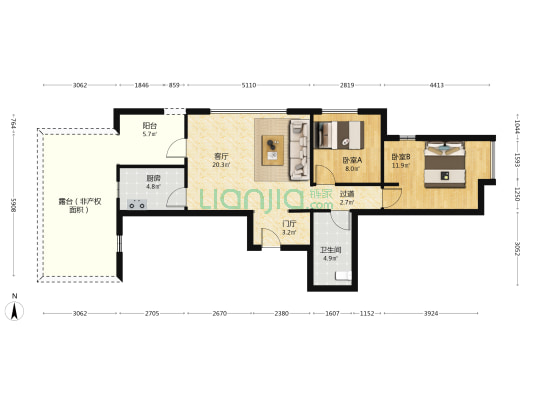 富力开远城A区 2室1厅1卫 84平方