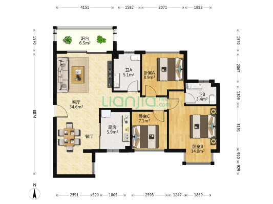 鼎华金铭福邸 3室1厅2卫 95平方