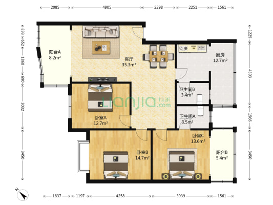 丽景苑 3室1厅2卫 127平方