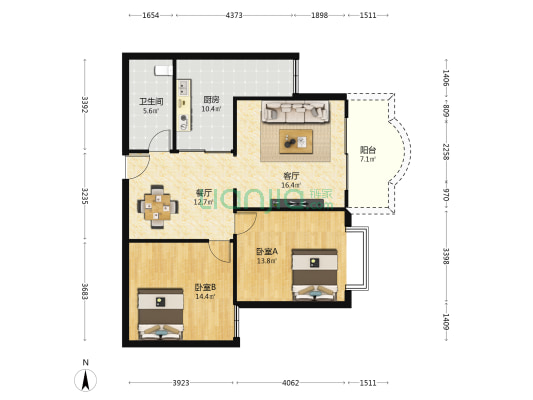 欧典花园 2室2厅1卫 98平方