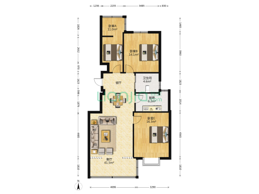阳光公寓 3室1厅1卫 125平方