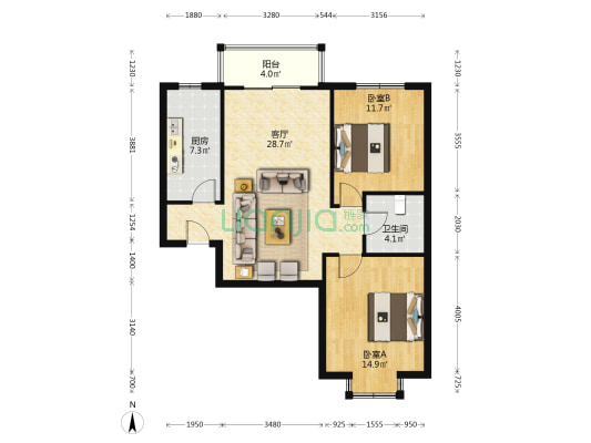 精装南北通透两居室，通风好，拎包入住，诚心出售-户型图