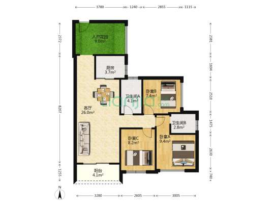 碧桂园中萃公园 3室1厅2卫 90平方