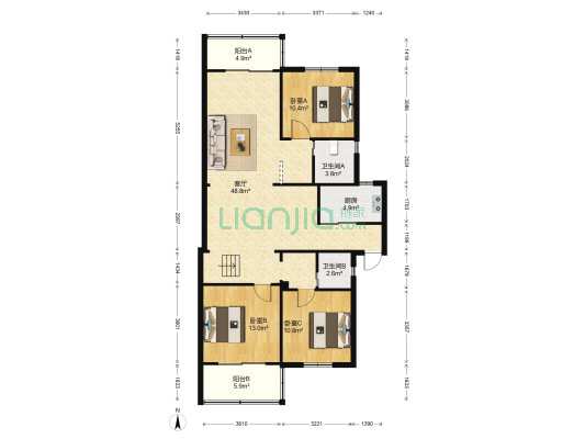 玉靖花园 3室1厅2卫 124平方