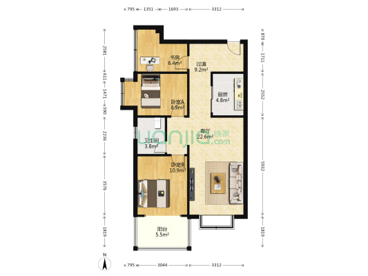 白兰地 3室1厅1卫 77平方