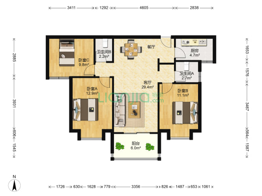 国贸天悦一期 3室1厅2卫 105平方