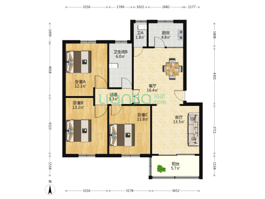 花亭小区 3室2厅2卫 105平方