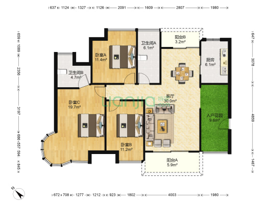 康城四季棕榈园 3室1厅2卫 120平方