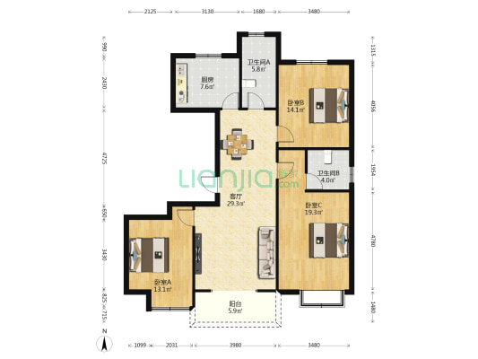 御花园 3室1厅2卫 144平方