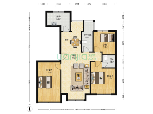 锦和院子 3室1厅2卫 127平方