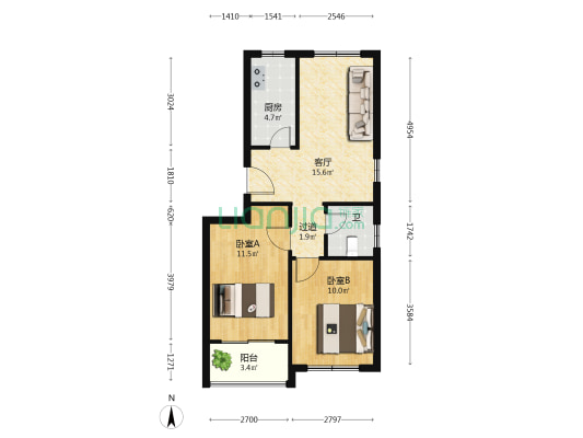 紫云水岸 2室1厅1卫 65平方
