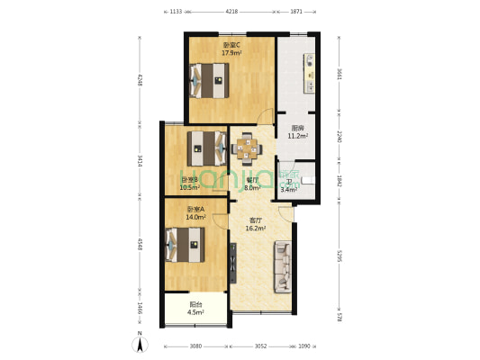 金紫街 3室2厅1卫 108平方