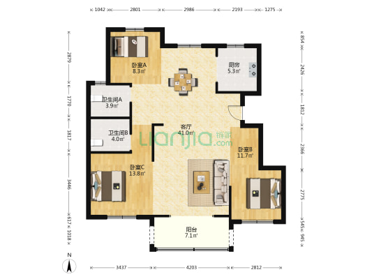 沙港新苑5期 3室1厅2卫 121平方