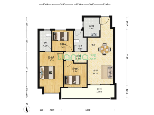 建发缦云 3室1厅2卫 105平方