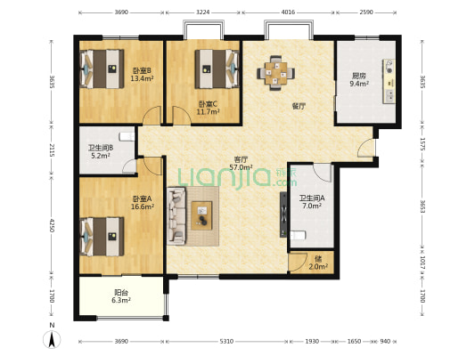 212所南区 3室1厅2卫 166平方