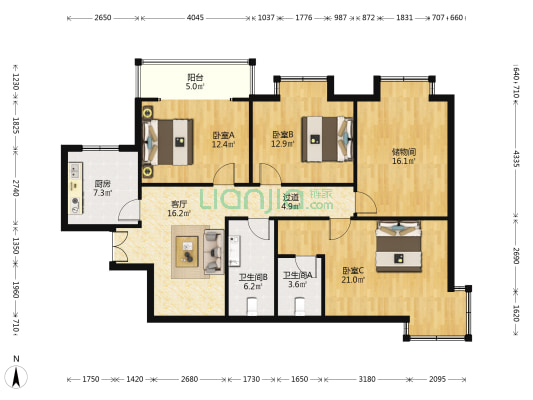 优座华城 3室1厅2卫 131平方