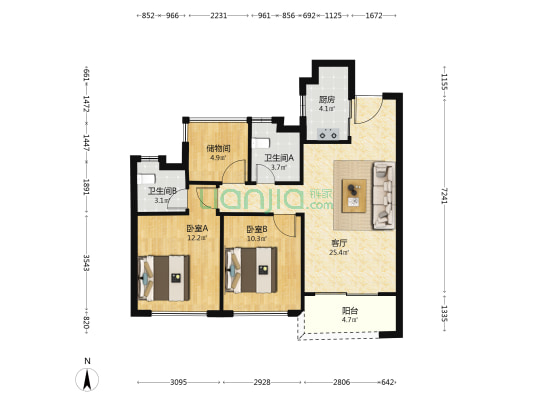 龙湖华董春江天玺 2室1厅2卫 89平方