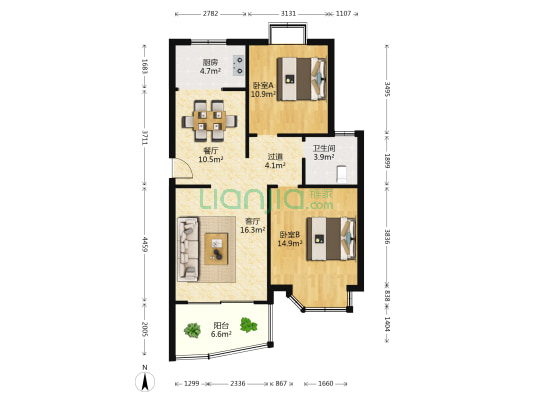 秦桥苑 2室2厅1卫 84平方