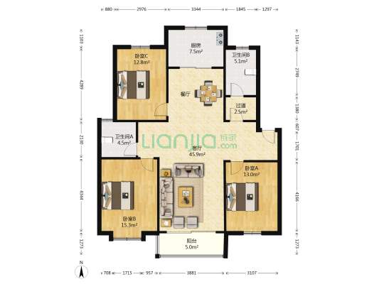 滨河花园(东台) 3室1厅2卫 135平方