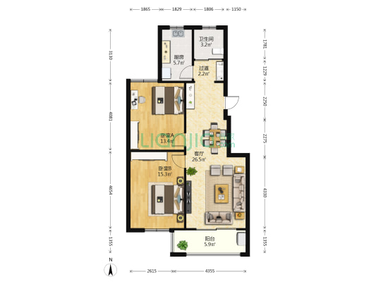 溪畔橡园 2室1厅1卫 86平方