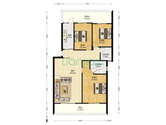 帝豪花园 3室1厅2卫 124平方