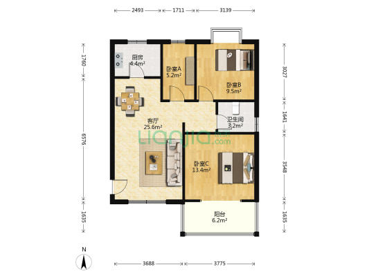 加州阳光西区 3室1厅1卫 83平方