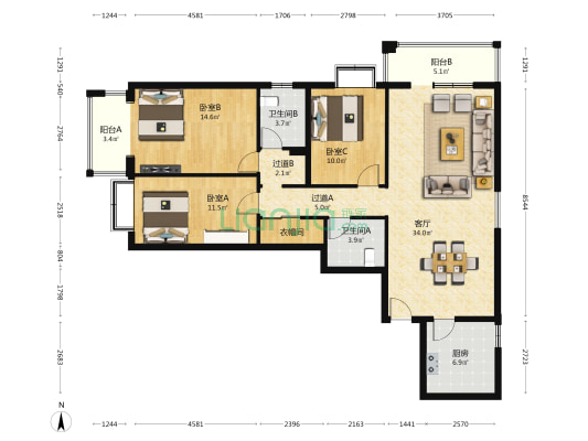 五栋大楼 3室1厅2卫 146平方