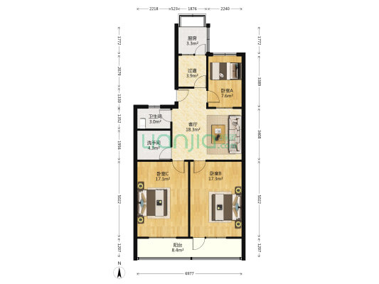 文华家园 3室1厅2卫 100平方