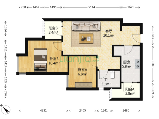 万科锦尚 2室1厅1卫 66平方