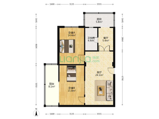 老军营南区 2室2厅1卫 101平方