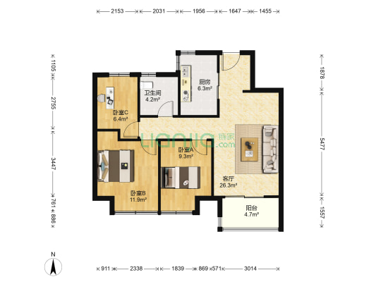 富力城D区 3室1厅1卫 89平方